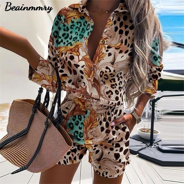 Mulheres Leopard Imprimir Dois Parte Sets Outono Outono Abaixo Camisa Colarinho Top Curto Pant Senhora Senhora Casual Manga Longa Outfit 220315