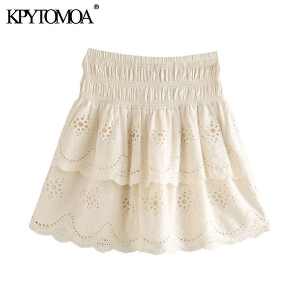 

kpytomoa women chic fashion cutwork embroidery mini skirt vintage high elastic waist ruffled female skirts faldas mujer 210309, Black