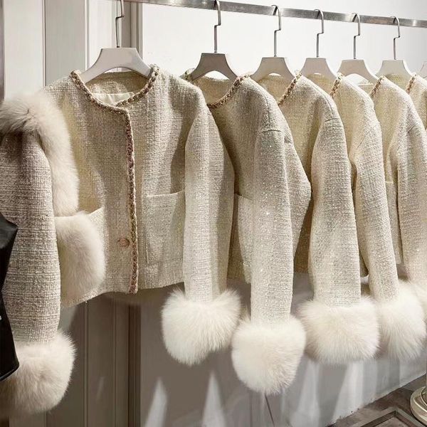 

women's wool & blends 2021 autumn coming tweed jacket with fur sleeve, Black