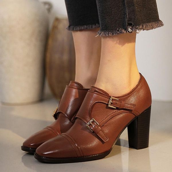 

dress shoes 2021 brand design vintage buckles retro classic high heels spring office lady pumps genuine leather woman, Black