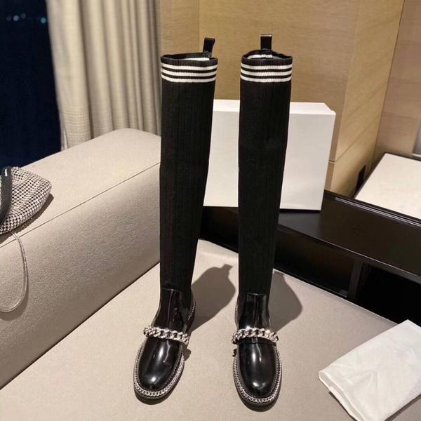 

boots luxury thick sole metal chain mid calf women real leather elastic band platform shoes runway autumn winter short, Black