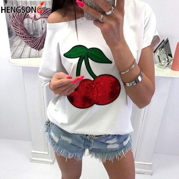 

summer women short sleeve sequined o neck tees loose casual t-shirt female cherry print t-shirt, White