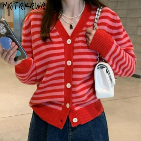 

women's knits & tees matakawa knitted cardigan autumn korean fashion v neck long sleeve single breasted sweaters casual striped sweater, White