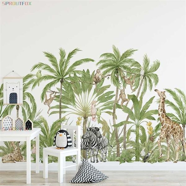 Grande Girafa Girafa Zebra Macaco Adesivos Para Crianças Quartos Floresta Animal Palmeira Decalques Decalques Papel de Parede Decoração 211124