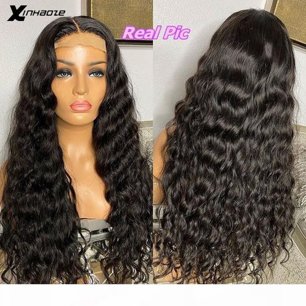 

brazilian water wave wig 5*5 pu silk base lace front human hair wigs pre plucked natural color 180% human hair lace front wig, Black;brown