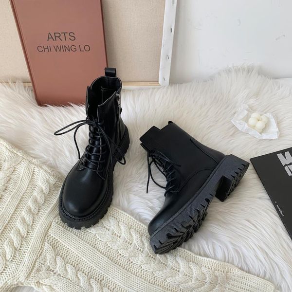 

boots shoes lady luxury designer lace up flat heel boots-women round toe fashion med rock autumn 2021 rubber lolita ankle black