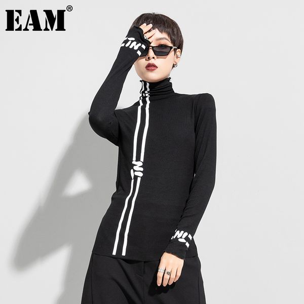 

[eam] women black white line letter print temperament t-shirt new turtleneck long sleeve fashion spring autumn 2021 210306