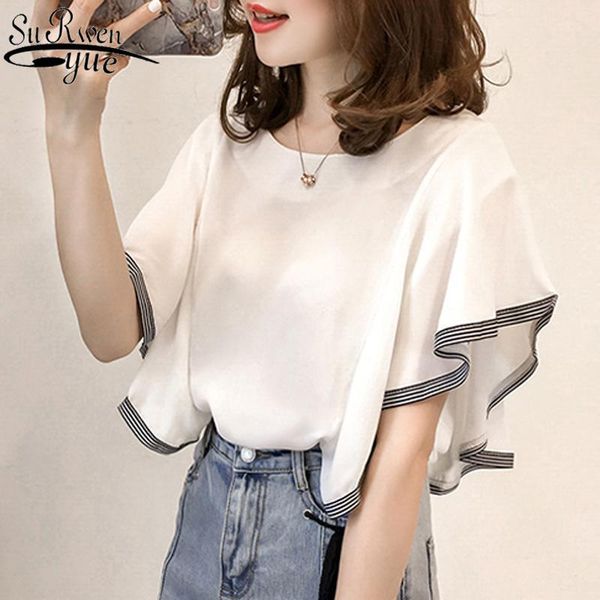 

new summer short butterfly sleeve chiffon shirt female fairy shirt plus szie -4xl loose super short woman blouse 9317 50, White