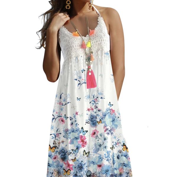 

2019 new fashion digital printing lace loose swing suspender mid length dress, Gray