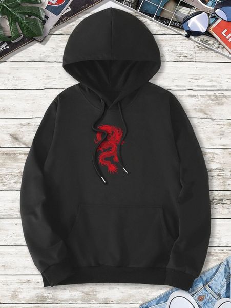 

men chinese dragon graphic drawstring hooded sweatshirt n1t6#, Black