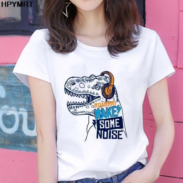 

roar make some noise printed female t shirts dinosaur cartoon t-shirt fashion tshirt women casual harajuku short sleeve tee, White