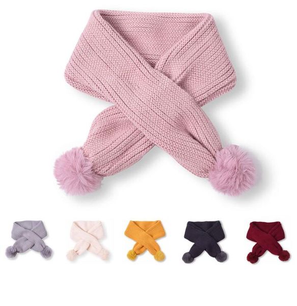 

kids scarf pom plain scarves candy color neckerchief winter wraps long knitted shawl fashion baby ball wool muffler neck ring necker pashmin, Red;brown