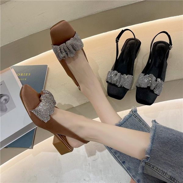 

sandals summer slingback beach bling pleated crystal rome ladies rhinestone cutouts chunky heels women shoes woman, Black