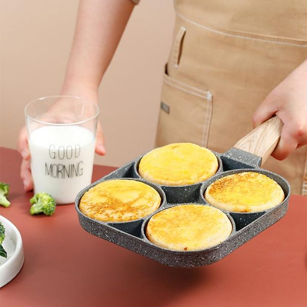

4 hole omelet pan for burger eggs ham pancake maker wooden handle frying pot non-stick cooking breakfast
