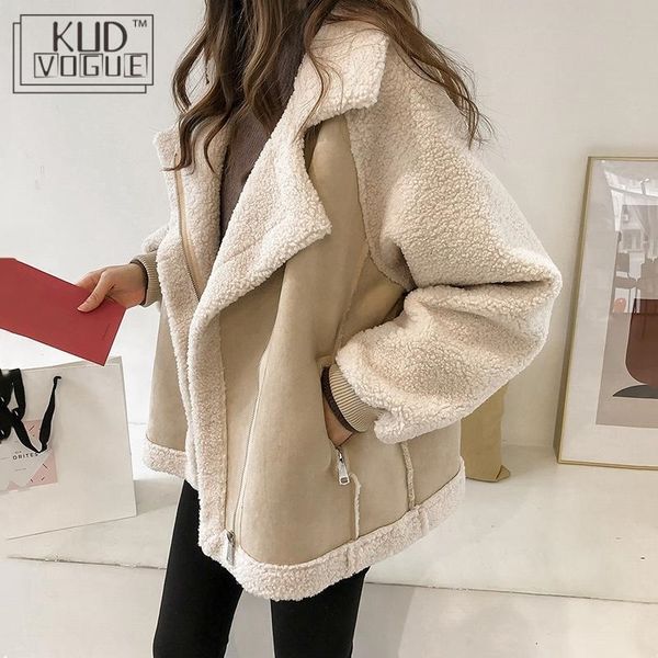 

women winter oversized teddy jacket chic faux suede fur collar coats aviator motorcycle biker jackets female lamb wool coat new 201007, Black;brown