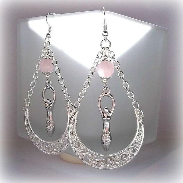 

dangle & chandelier rose quartz silver goddess earrings moon pagan