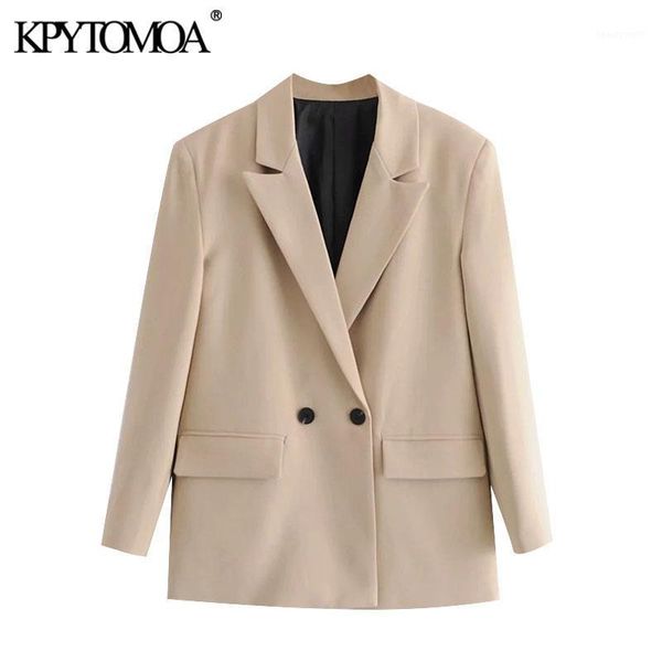

women 2021 fashion double breasted loose fitting blazer coat vintage long sleeve pockets female outerwear chic women's suits & blazers, White;black
