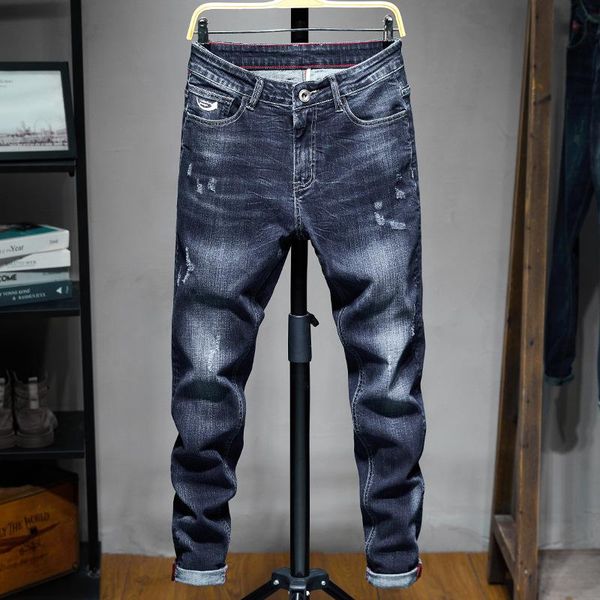 

men's jeans trousers stretch mid-waist straight-leg pants plus size slim casual long section, Blue