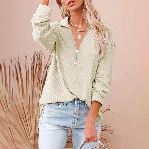 

women's blouses & shirts women blouse pullover 2021 autumn fashion zipper solid long sleeve basic all match lady ol style casual elega, White