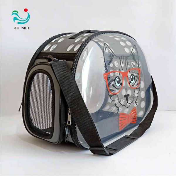 

pet bag transparent printed cat foldable portable dog take out backpack, Black;red