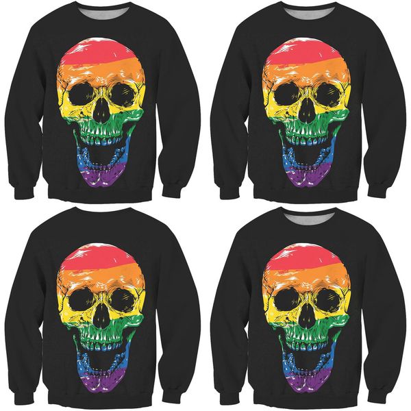 

color skull print 3d printing t-shirt personality leisure fashion brand couple's sweater men and women, White;black