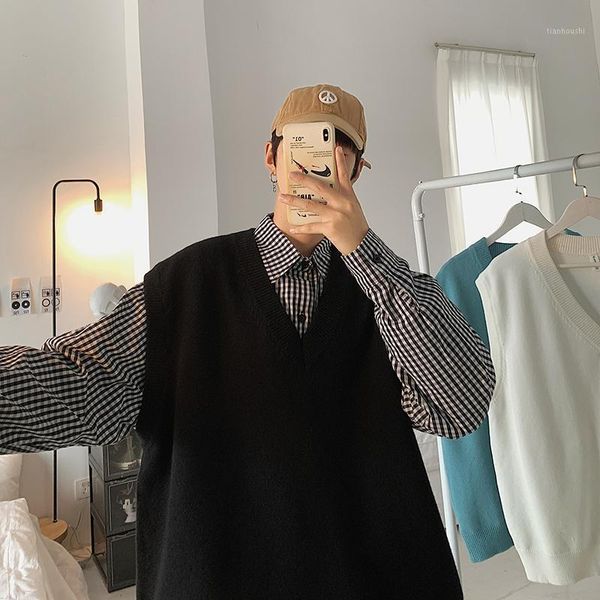 

men's vests sweater vest men patchwork v-neck colorful shrug chic sleeveless knitted mens waistcoats loose oversize harajuku all-match, Black;white