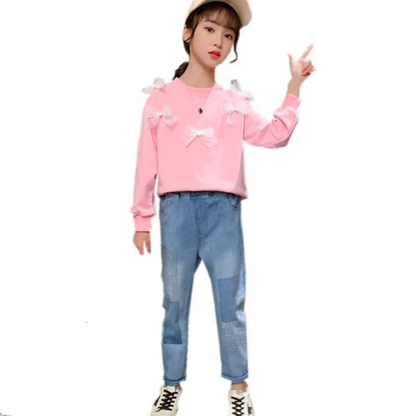 

2021 new put on sweatpants jeans sweater fall children casual suits for girls clothes 6 8 10-12yrs a7vp, White