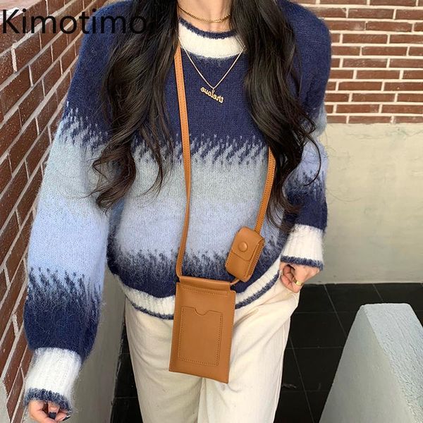 

women's sweaters kimotimo vintage sweater women 2021 autumn winter o-neck gradient pullover korean chic lazy long sleeve design knitted, White;black