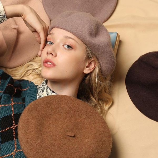 

berets 100% wool women's cap for female winter hat solid flat kpop felt cute girl elegant art simplicity gorras mujer, Blue;gray