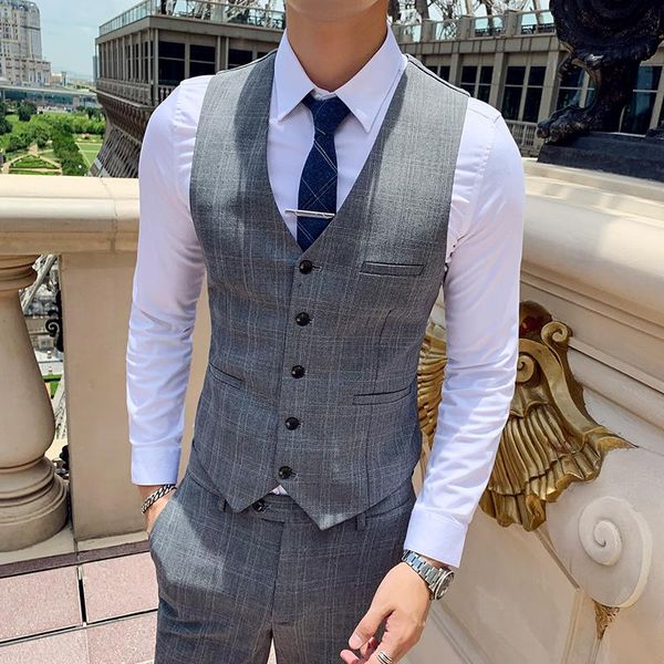 

men's vests high-end brand boutique fashion plaid mens casual business slim suit vest waistcoat houndstooth groom wedding dress male, Black;white