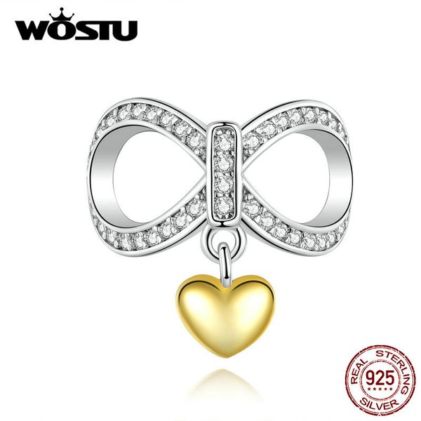 WOSTU 100% Reale 925 Sterling Silver Infinity Golden Love Heart Pendenti e Ciondoli Misura Originale Braccialetto Delle Donne Gioielli FAI DA TE Che Fanno CQC1300 Q0531