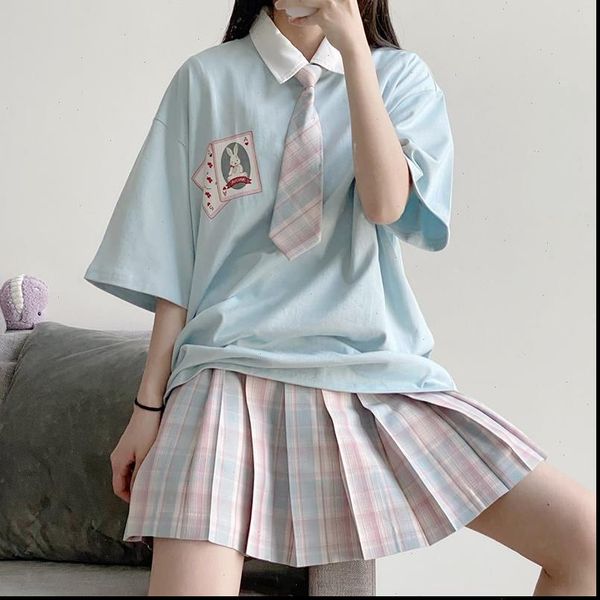 

college japanese soft girl womens skirts cute rabbit student loose short sleeved t shirt jk uniform skirt pleated suit single, Black