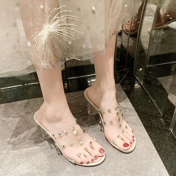 

sandals rivet clear heels ladies transparent pumps open toe slippers high heel pvc shoes for women plus size 42, Black