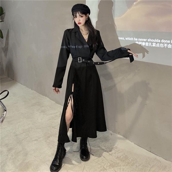

casual dresses waist dress female autumn temperament suit collar little black long-sleeved split street clothes cool girl, Black;gray