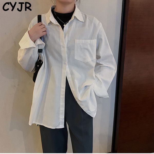 

cyjr 2021 spring new solid vintage woman oversized turn-down blouse collar shirt white button up korean s 9p2x, White;black