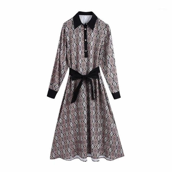 

casual dresses 2021 women print dress belt shirt-style long sleeves elegant lady contrasting midi, Black;gray