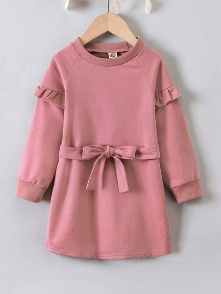 

toddler girls ruffle trim raglan sleeve belted dress she, Red;yellow