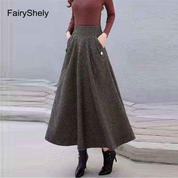 

autumn winter high waist tweed skirt women woolen flared pleated midi skirt vintage plus size stripe long skirt with pocket 210311, Black