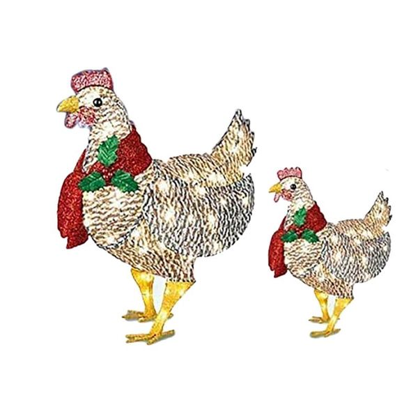 Weihnachtsdekorationen, leuchtendes Huhn mit Schal, Dekorationsset, Metallskulptur für den Garten im Freien