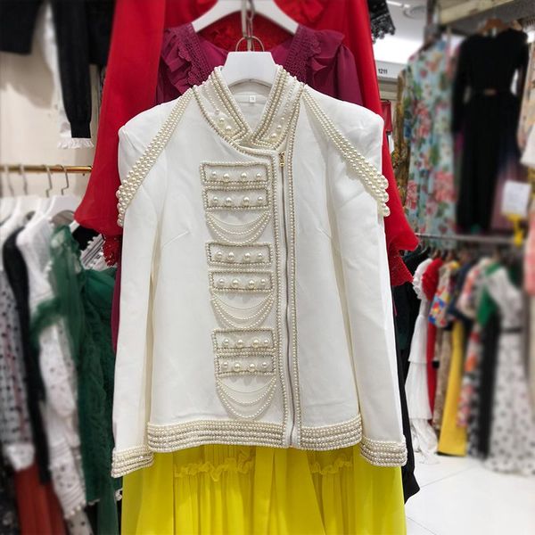 

women's jackets 2021 autumn winter clothing vintage court style solid color coat long sleeve elegant pearl chain jacket, Black;brown