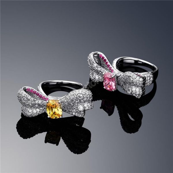 

with side stones iced out full zircon colored gemstone bow finger ring engagement rings for women, Silver