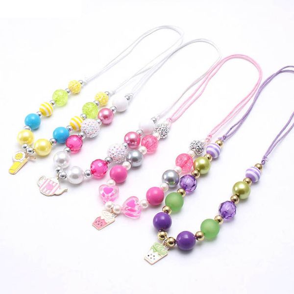 

girls necklaces pendants jewelry kids accessories cute alloy children beaded princess b7941, Red;brown