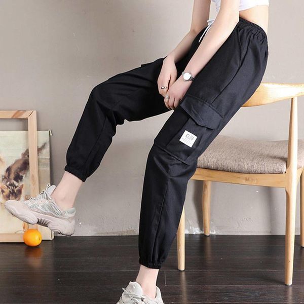

women's pants & capris autumn streetwear embroidery casual cargo women joggers solid big pocket high waist loose female, Black;white