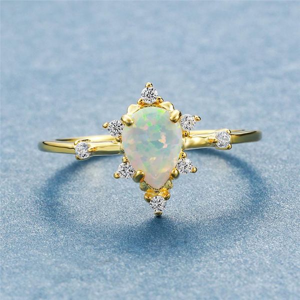 

cluster rings cute female white fire opal ring minimalist silver yellow gold water drop engagement promise love wedding for women, Golden;silver