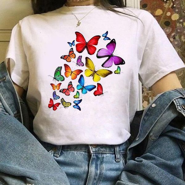 

colorful cartoon butterfly t shirt ladies cute clothes harajuku t shirt cool t shirt female graphic kawaii, White