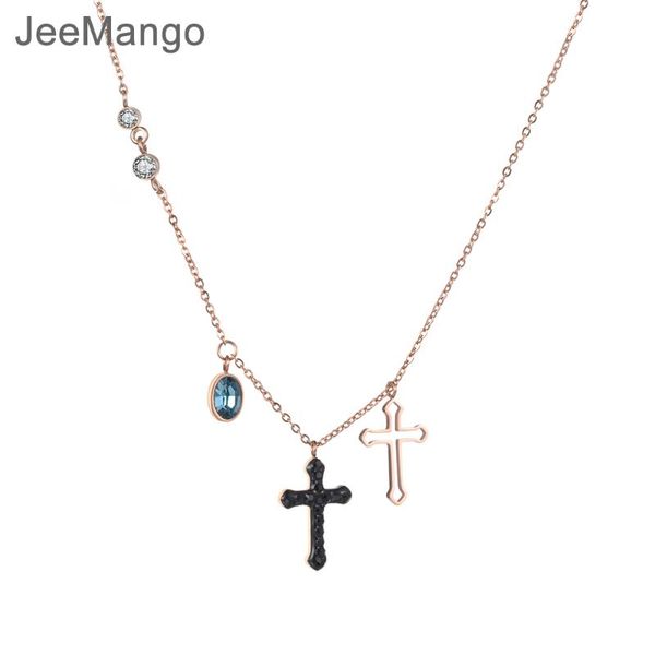 

pendant necklaces jeemango stainless steel jewelry hollow out & black crystals corss necklace rose gold color chain year gift n18271, Silver