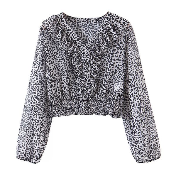 

2021 new women leopard print ruffled crop blouses fashion vintage long sleeve female shirts blusas chiffon chic 6v3z, Black