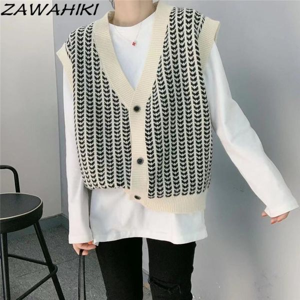 

women's knits & tees zawahiki plaid sweater vests v neck loose vintage single breasted autumn winter cardigans all match fashion ins ch, White
