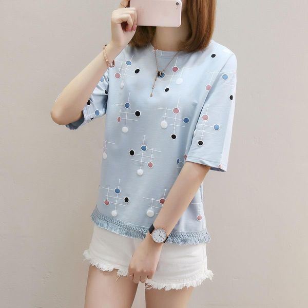 

2021 summer new women's clothing 3d dot printing cotton casual t-shirts short sleeves o-neck loose tassel t shirt, White