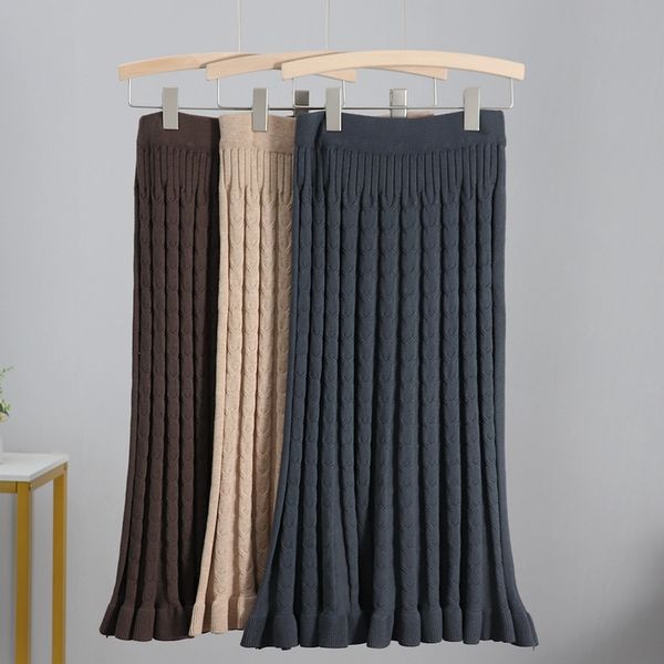 

gigogou cable twist long women midi skirt autumn winter thick warm pencil skirt elegant knitted bodycaon skirts female 210309, Black